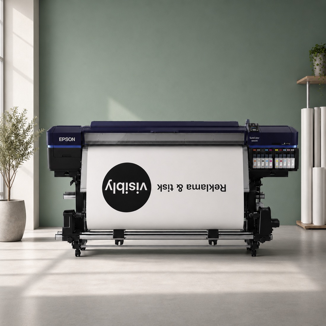 Velkoformátová tiskárna Epson při tisku reklamy Visibly